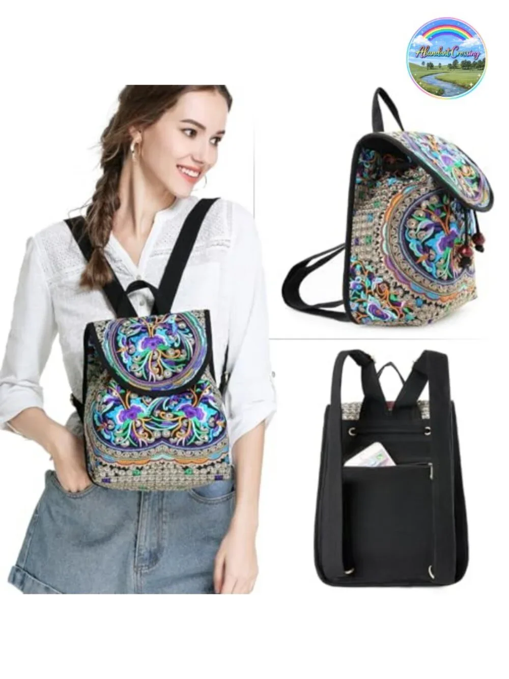 Embroidered Canvas Backpack Purse for Women, Boho Travel Daypack, Floral Mini